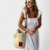 Karirani maxikostim s volanima