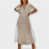 Aurora Midi haljina s V-izrezom i kratkim rukavima