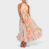 Halter-Neck Aquarel Print Maxi Haljina