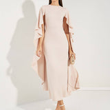 Rachel - Hellrosa Midi-haljina s V-izrezom i čipkastim rukavima