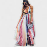 Višebojna prugasta haljina s V-izrezom za dame