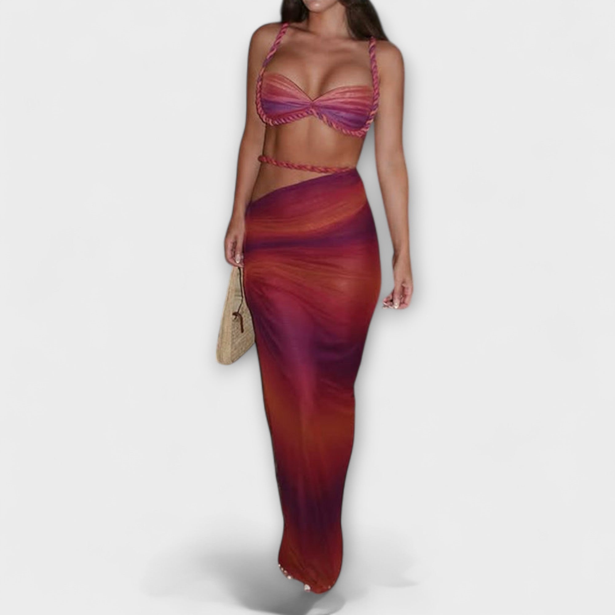 Jane - Chic Gradient Pletenica Crop Top & Overskirt Duo